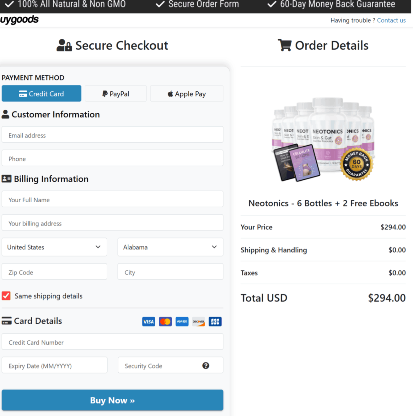 Neotonics  Checkout page